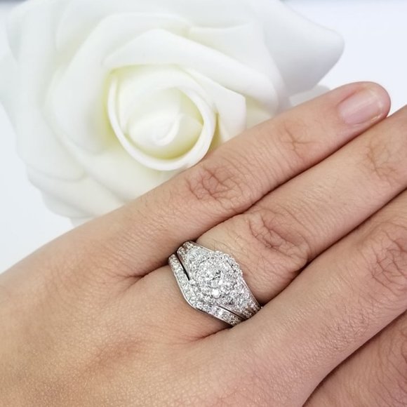 White Gold 1 Ct Round Curve Engagement Ring Ladies Wedding Bridal Set Halo